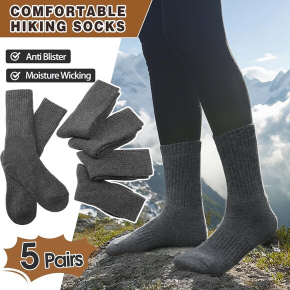 Women Merino Wool Dark Grey Sock 5 Pairs Warm Thick Crew Cozy Winter Boot Socks - Picture 5 of 6
